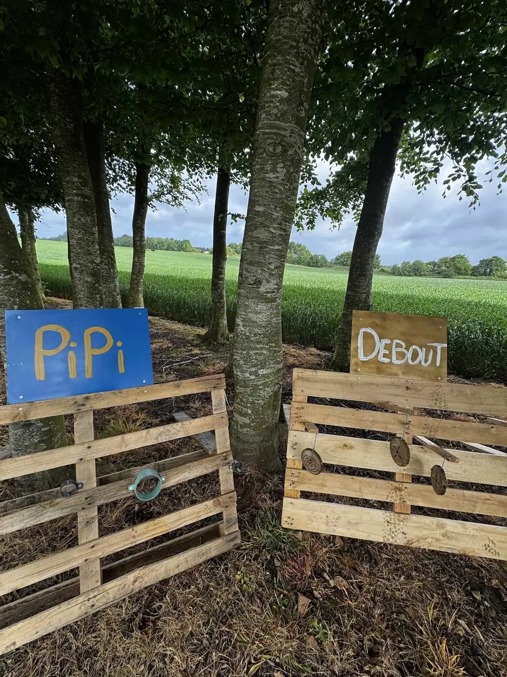 Panneaux artisanaux à l'entrée d'un espace de la ferme